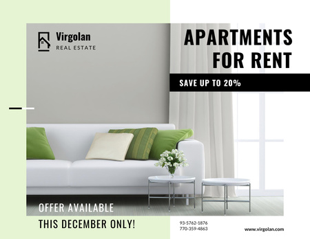 Template di design Real Estate Rent Offer with White Sofa Flyer 8.5x11in Horizontal