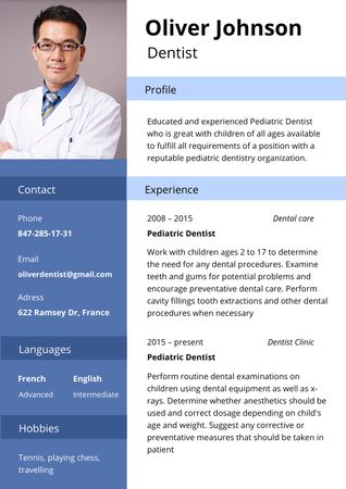 Dentist Skills and Experience Resume tervezősablon