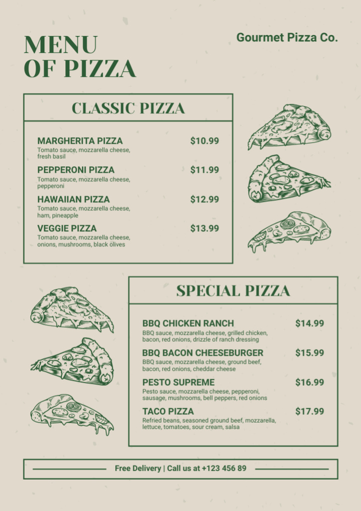 Designvorlage Offer Varieties of Classic and Special Tasty Pizza für Menu