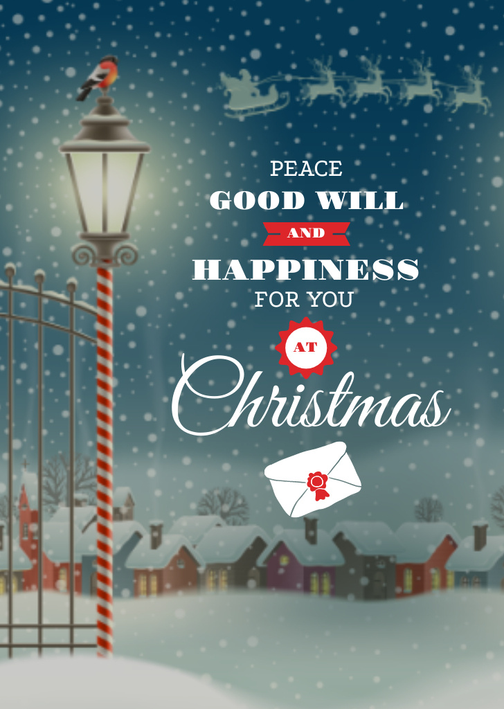Plantilla de diseño de Christmas Greeting With Snowy Night Village Postcard A6 Vertical 