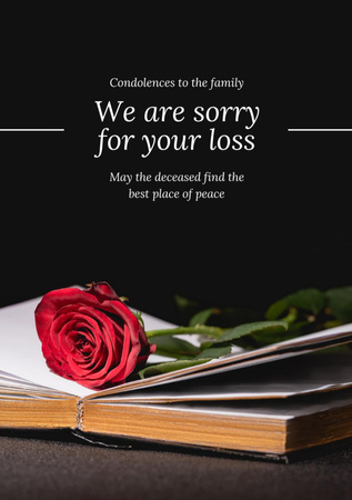 Plantilla de diseño de Condolences Card with Book and Rose Postcard A5 Vertical 