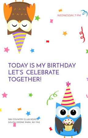 Birthday Party Announcement With Owls Invitation 4.6x7.2in Design Template