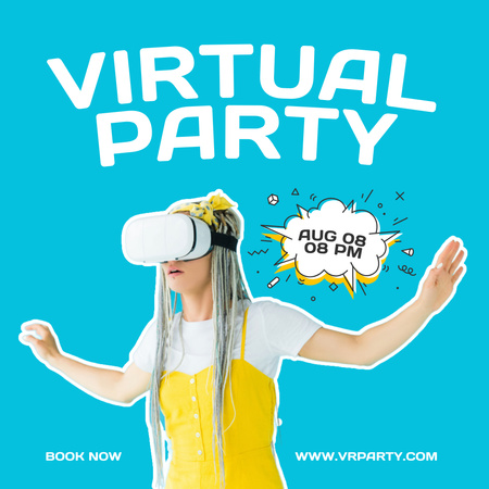 Virtual Party Invitation with Girl in VR Glasses Instagram Design Template