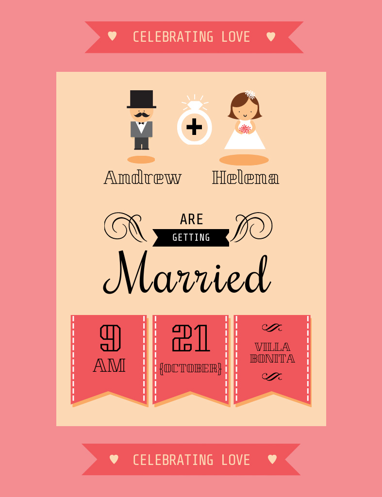 Wedding Event With Groom And Bride Icons Invitation 13.9x10.7cm Design Template