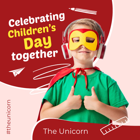 Children's Day Ad with Boy in Dressed Superhero Animated Post Design Template