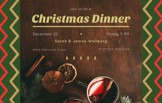 Ontwerpsjabloon van Invitation 4.6x7.2in Horizontal van Festive Christmas Dinner With Red Mulled Wine