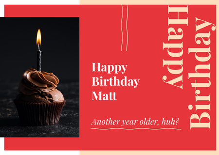 Ontwerpsjabloon van Card van verjaardag groet kaars op cupcake in het rood