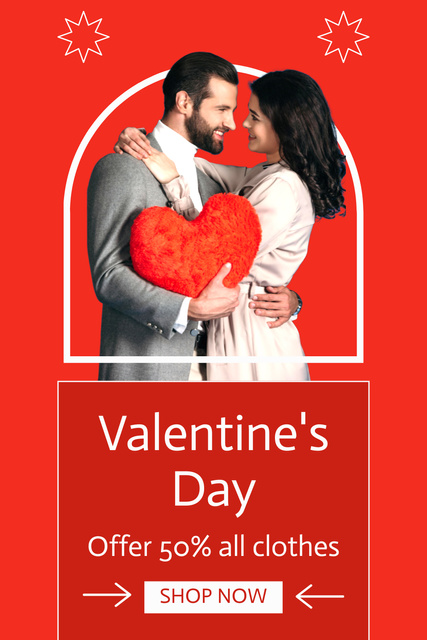 Valentine's Day Sale Ad with Beautiful Couple in Love and Red Heart Pinterestデザインテンプレート