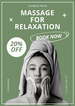 Ontwerpsjabloon van Flayer van Massage Salon Ad with Cute Woman with Towel on Head and Sponges