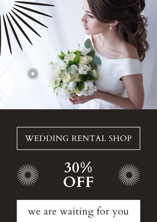 Menyasszonyi ruhakölcsönző hirdetés gyönyörű menyasszony fehér ruhában Poster tervezősablon