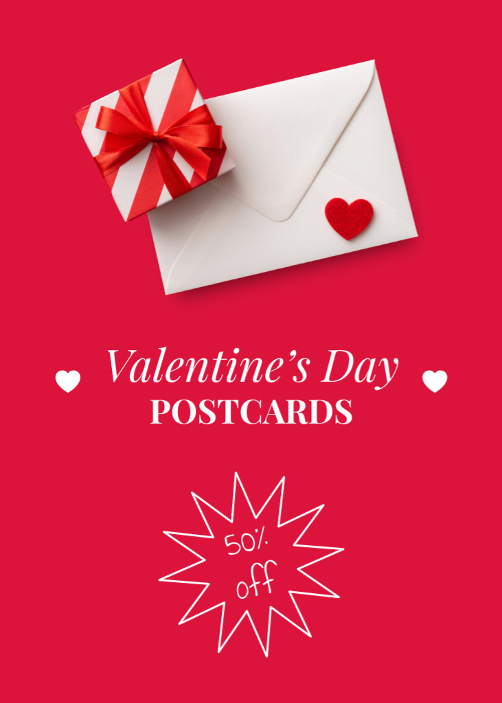 Valentine's Day Envelope And Present With Discount Postcard 5x7in Vertical Πρότυπο σχεδίασης