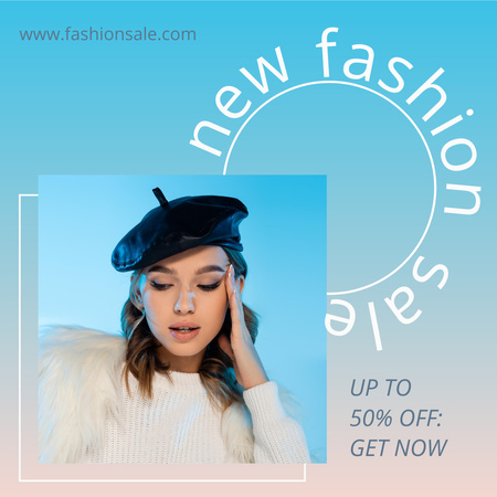 Fashion Sale Announcement with Stylish Girl in Beret Instagram Design Template
