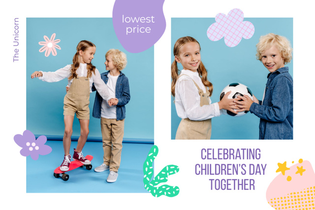 Designvorlage Active Boy and Girl Celebrating Children's Day With Sport Equipment für Postcard 4x6in