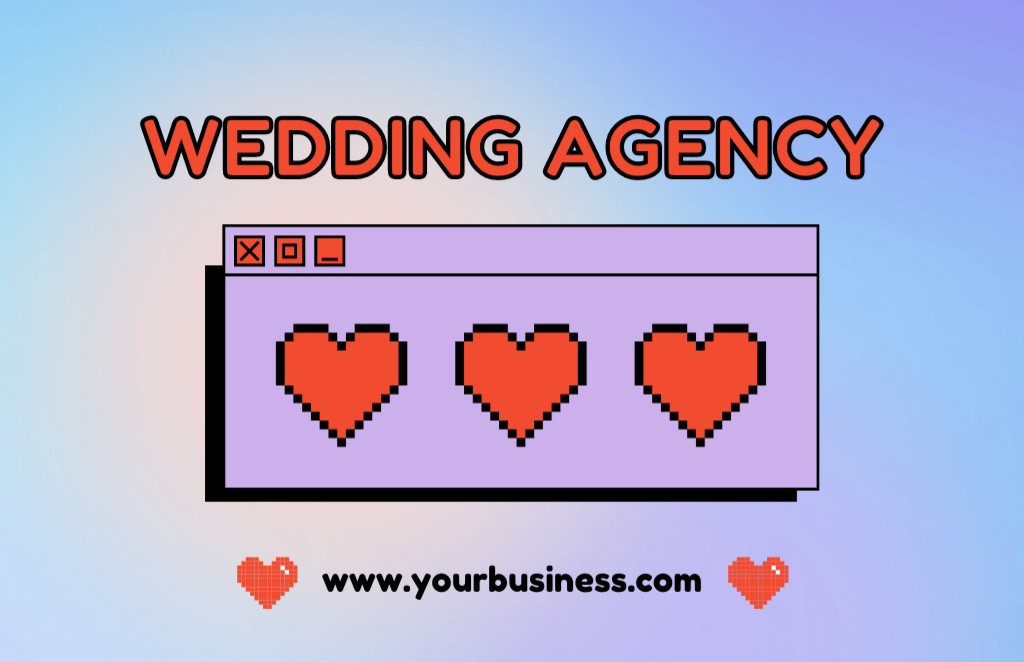 Wedding Agency Service Offer with Pixel Hearts Business Card 85x55mm Design Template