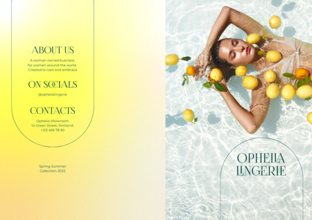 Platilla de diseño Lingerie Ad with Beautiful Woman in Pool with Lemons Brochure