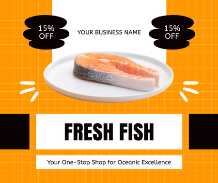 Designvorlage Angebot an frischem Fisch mit einem Stück Lachs auf dem Teller für Facebook