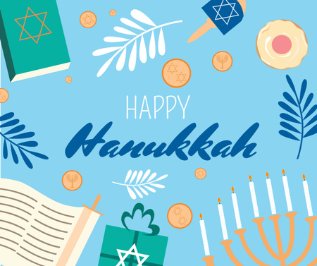 Happy Hanukkah Greeting with Menorah and Torah Facebook Design Template