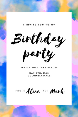 Designvorlage Birthday Party Announcement on Bright Watercolor Pattern für Invitation 6x9in