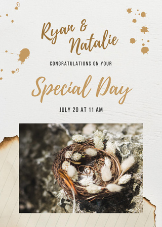 Wedding Greeting With Golden Wedding Rings In Nest Postcard A6 Vertical Design Template