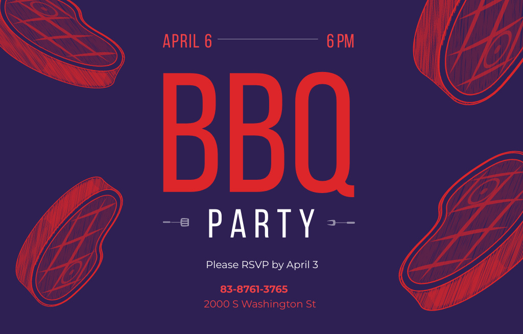 BBQ Party Announcement With Flavorful Raw Steaks Invitation 4.6x7.2in Horizontal Tasarım Şablonu