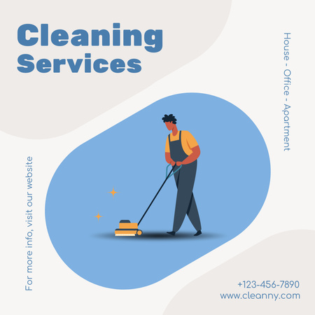 Cleaning Services Ad with Man in Uniform on Blue Instagram AD Design Template