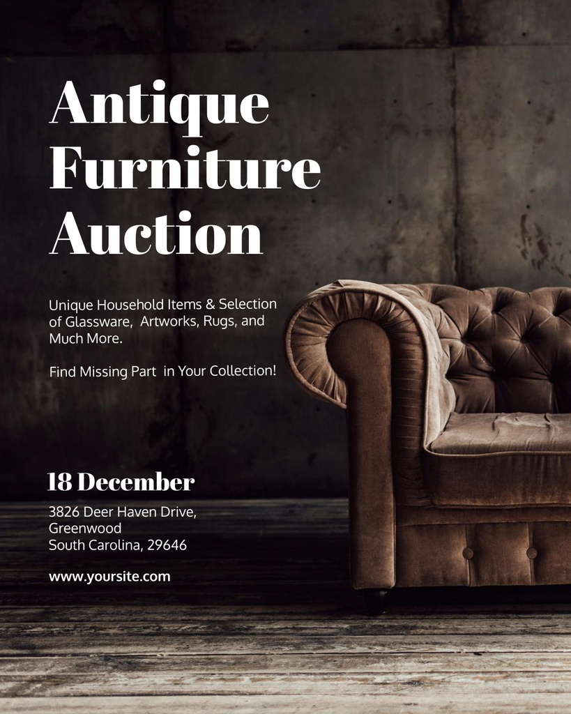Antique Furniture Auction Luxury Brown Armchair Poster 16x20in Šablona návrhu