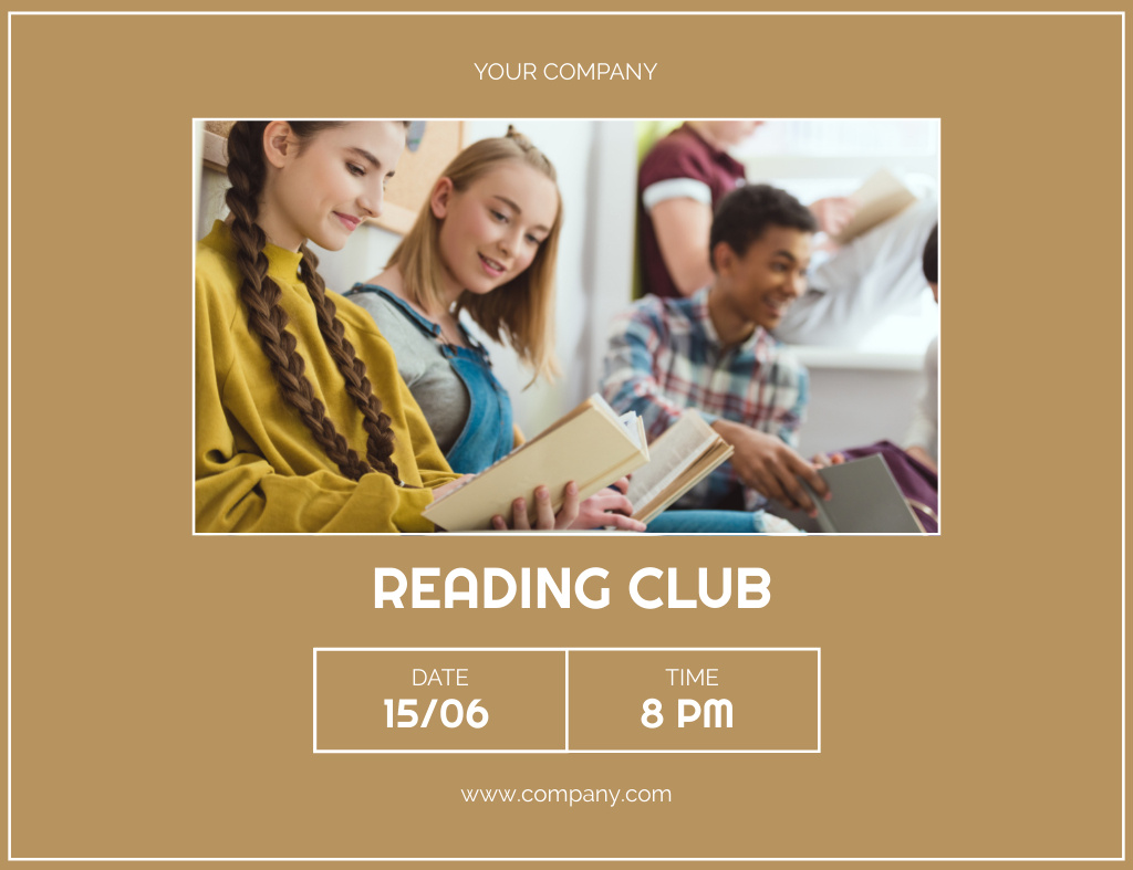 Book Reading Club Announcement In Yellow Invitation 13.9x10.7cm Horizontal Šablona návrhu