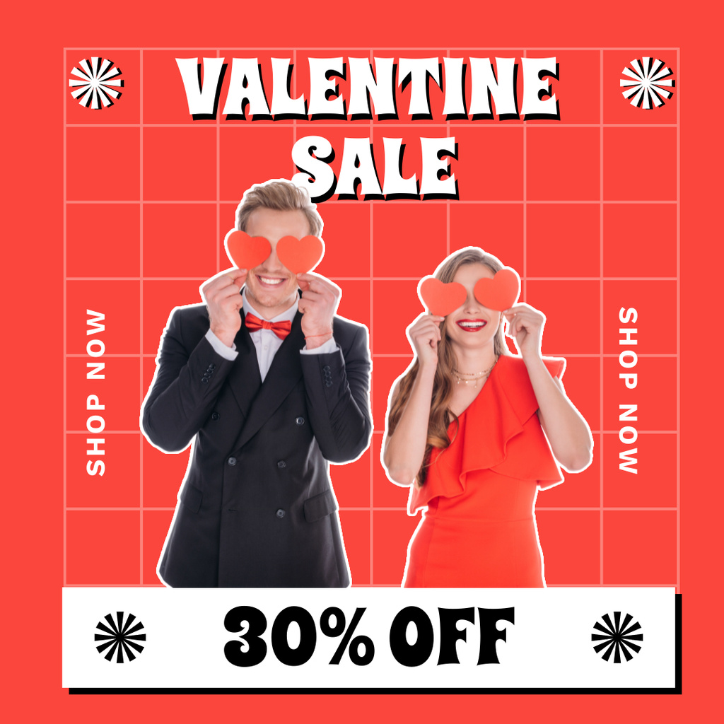 Valentine's Day Discount Announcement with Couple on Red Instagram ADデザインテンプレート