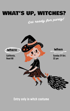 Modèle de visuel Fête d'Halloween avec une petite sorcière sur un balai - Invitation 4.6x7.2in