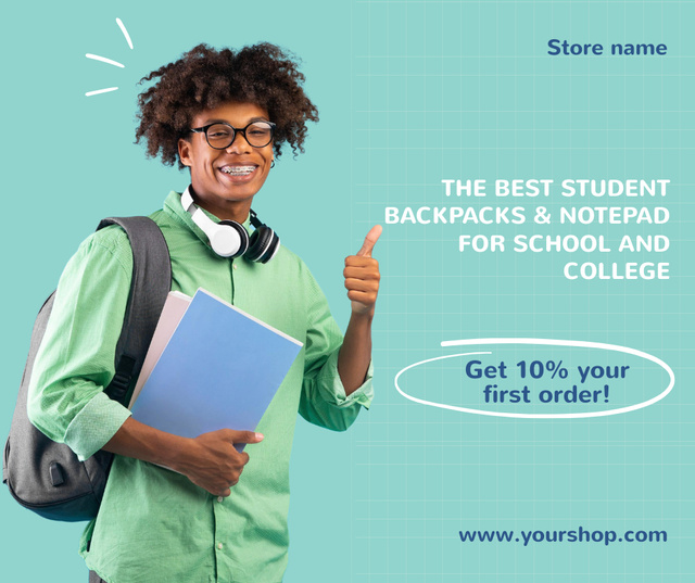 Plantilla de diseño de Back to School Special Offer with Smiling Student with Notebooks Facebook 