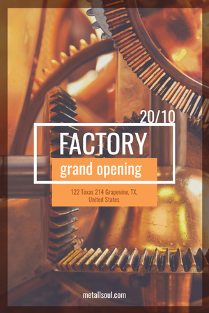 Factory Opening Announcement with Mechanism Cogwheels Pinterest Design Template