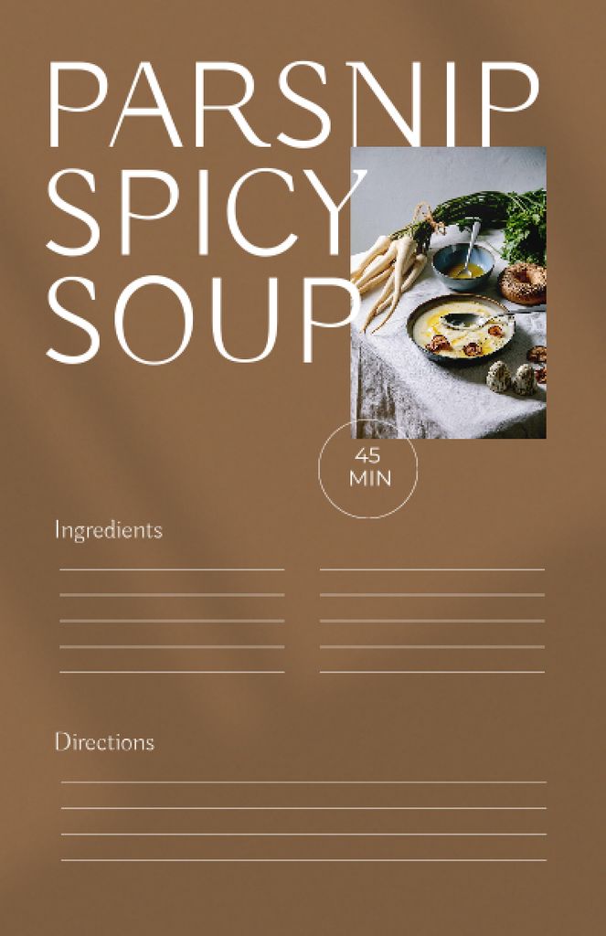 Ontwerpsjabloon van Recipe Card van Parsnip Spicy Soup with Ingredients on Table