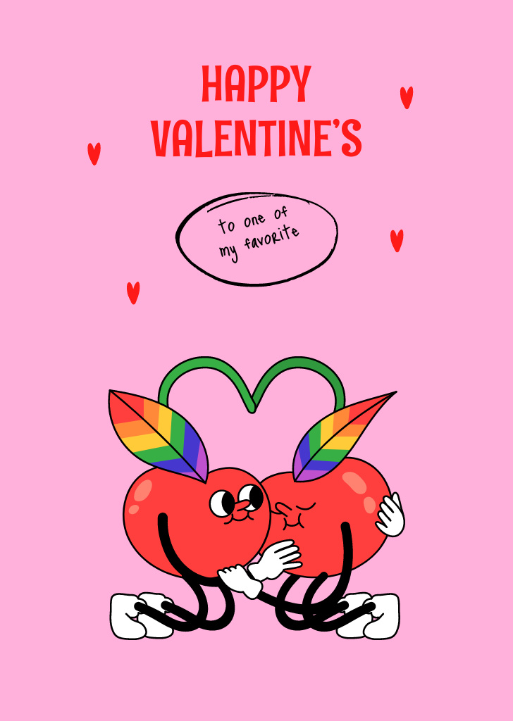 Valentine's Day Holiday Greeting With Cute Cherries In Love Postcard A6 Vertical Tasarım Şablonu