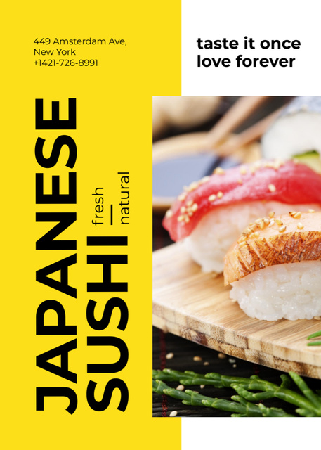 Japanese Restaurant Advertisement with Fresh Sushi Flayer Design Template