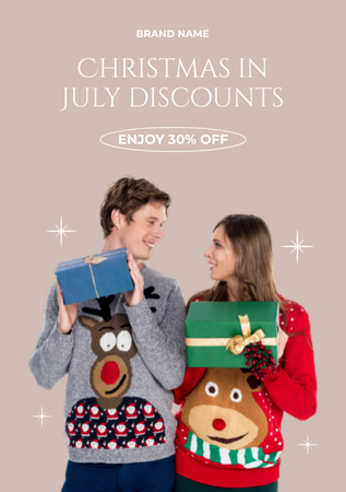 July Christmas Discount Announcement with Young Couple Flyer A5 Design Template