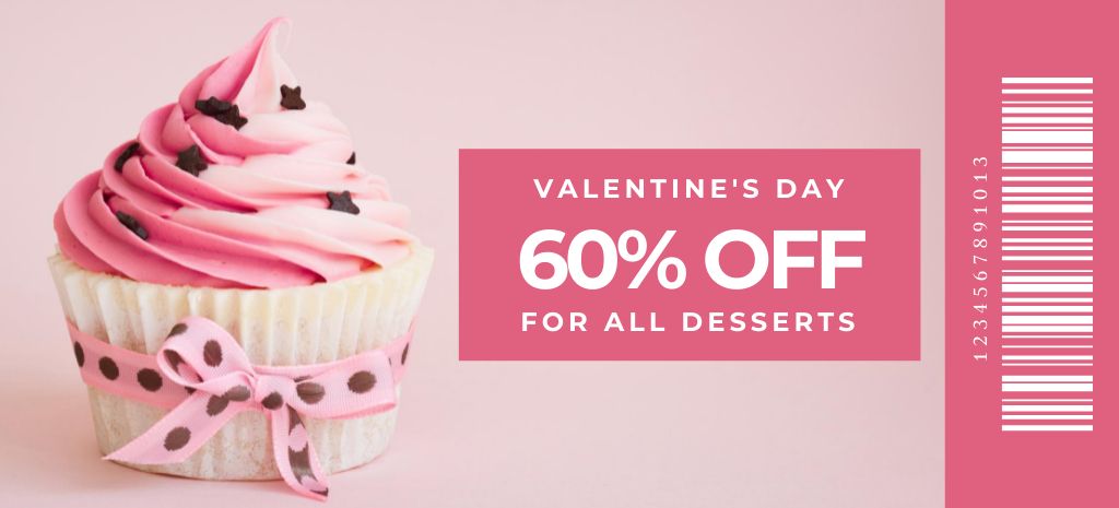 Ontwerpsjabloon van Coupon 3.75x8.25in van Valentine's Day Discount Offer on All Desserts with Cupcake in Bow