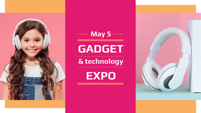 Gadgets Expo Announcement with Girl in Headphones FB event cover – шаблон для дизайна