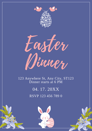 Template di design Annuncio della cena di Pasqua con coniglietto che tiene l'uovo di Pasqua Poster