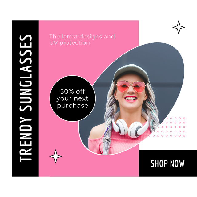 Designvorlage Promo Discounts on Sunglasses with Young Woman in Headphones für Instagram AD