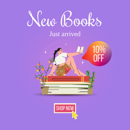 New Book Sale Announcement with Cartoon Girl Animated Post Design Template