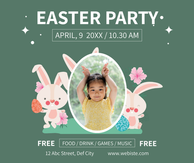 Easter Party Announcement with Cheerful Kid Facebook Design Template