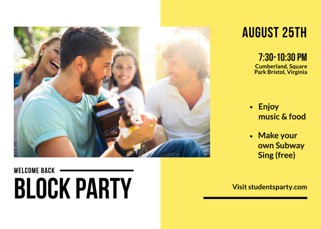 Block Party Ad on Yellow Flyer 5x7in Horizontalデザインテンプレート