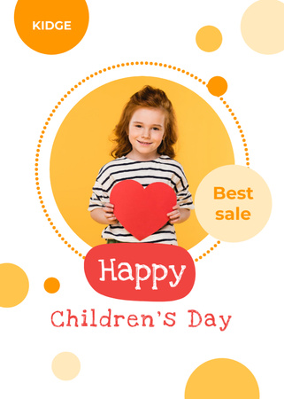 Children's Day With Little Girl Holding Cute Heart Postcard 5x7in Vertical Design Template