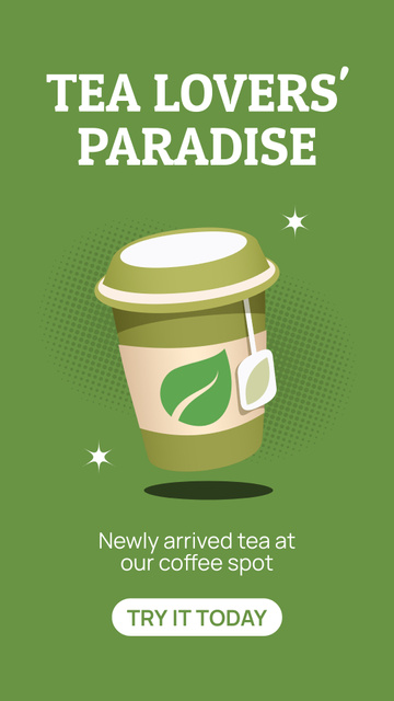 New Tea Offer In Coffee Shop In Paper Cup Instagram Story Modelo de Design