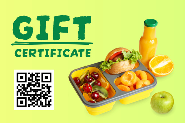 Ontwerpsjabloon van Gift Certificate van School Food Ad with Lunch Box and Drink