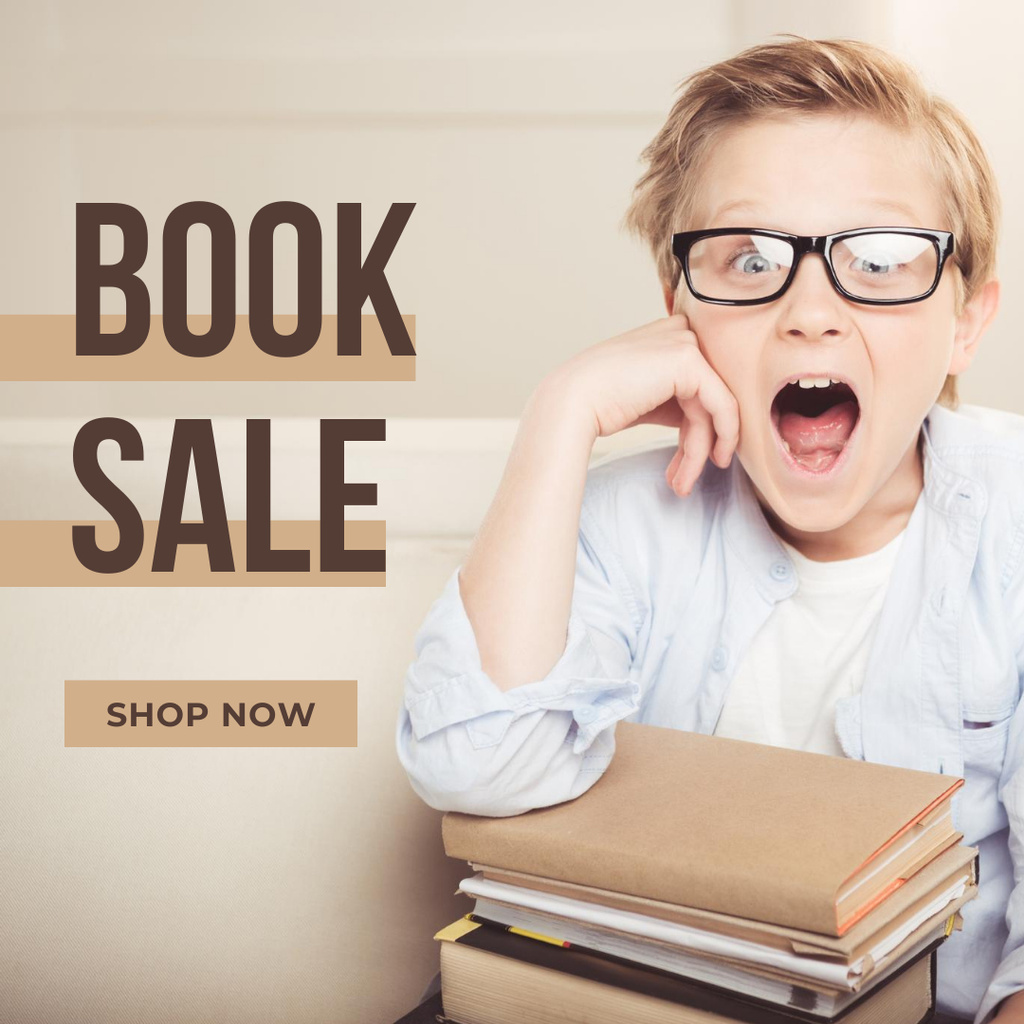 Children's Book Sale with Cheerful Boy in Glasses Instagram Šablona návrhu