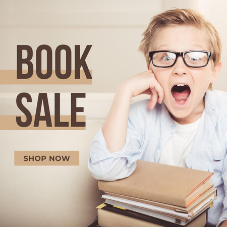 Children's Book Sale with Cheerful Boy in Glasses Instagram Design Template