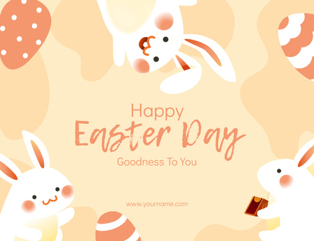 Happy Easter Day Greetings with Cute Rabbits and Painted Eggs Thank You Card 5.5x4in Horizontal Design Template