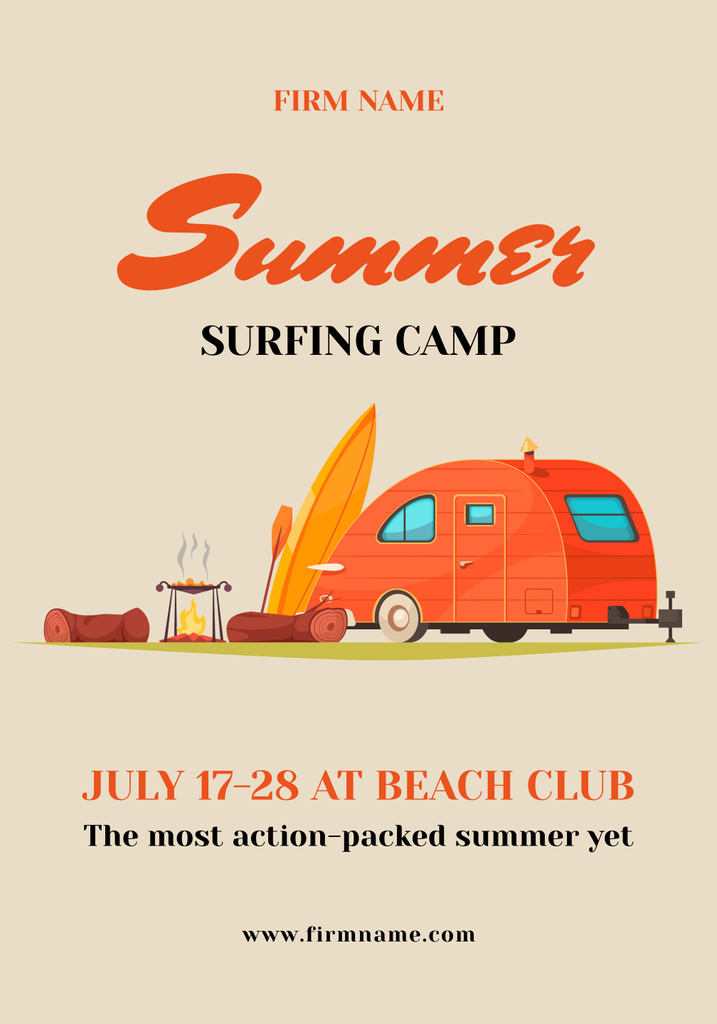 Summer Surfing Camp With Trailer And Bonfire Poster 28x40in Tasarım Şablonu