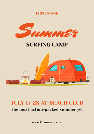 Designvorlage Summer Surfing Camp With Trailer And Bonfire für Poster 28x40in